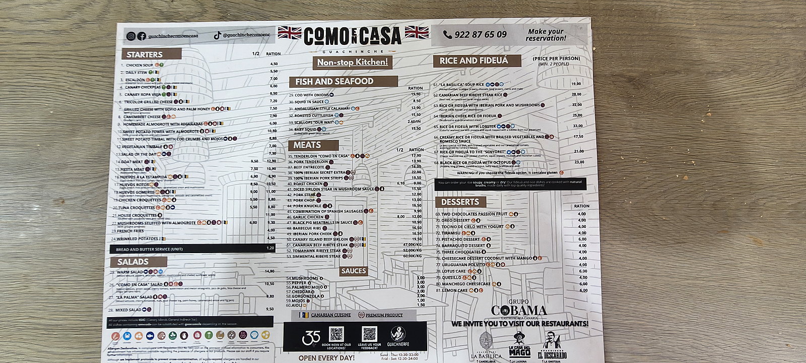 Jídelní lístek Como En Casa
